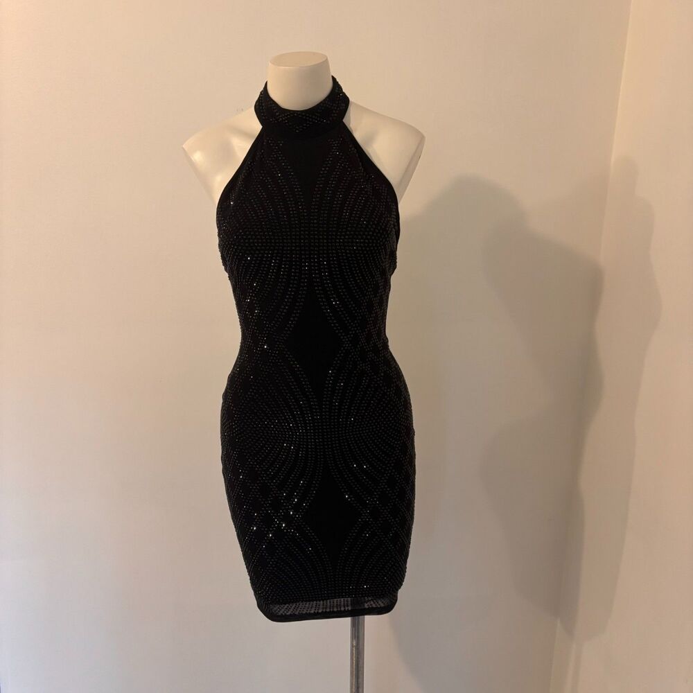 Windsor Size Small Y2K Rhinestone High Neck Little Black Cocktail Mini Dress
